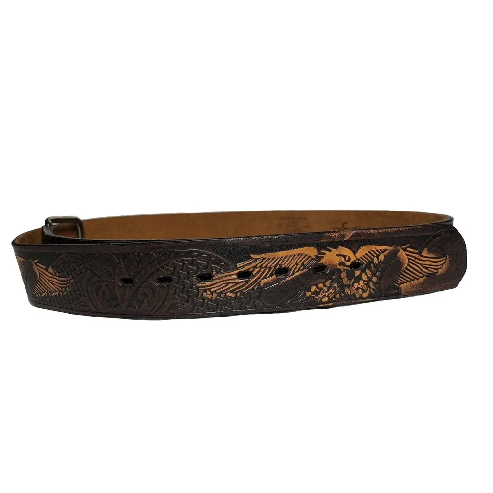 VTG Wrangler Belt Mens‎ 44 Tooled Genuine Leather American Bald Eagle Brown